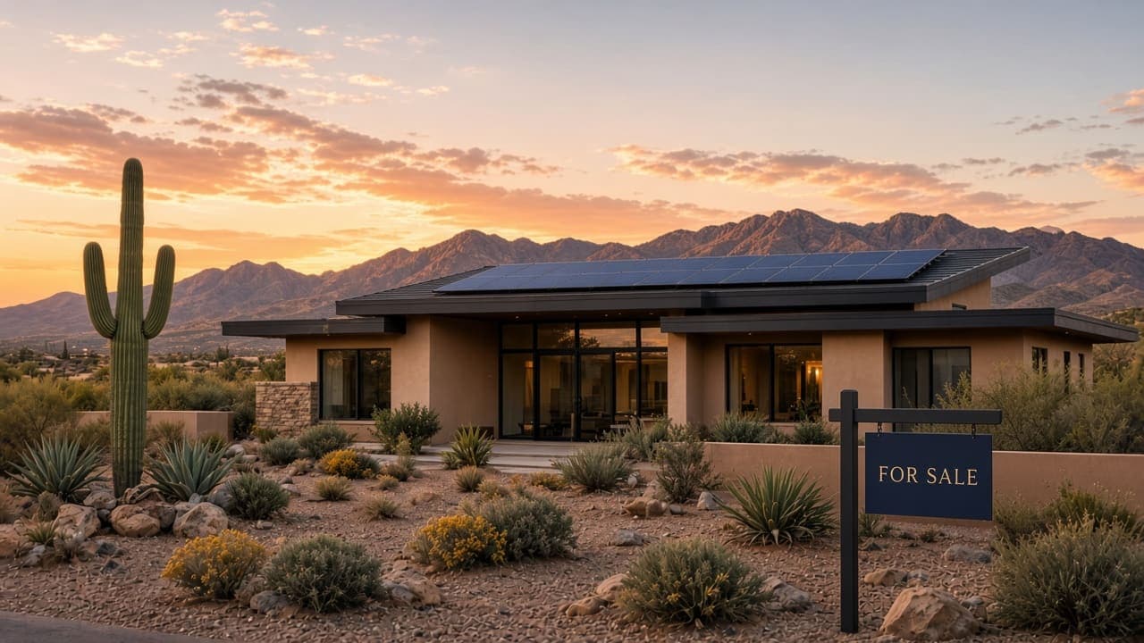 Desert-modern Arizona home at sunset with rooftop solar panels and a For Sale sign in the front yard
